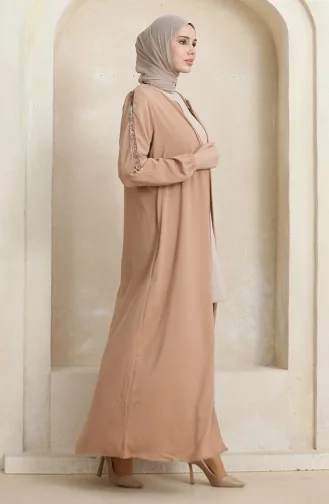 Abaya Motif Pierre Latéral 0464-02 Beige Foncé 0464-02