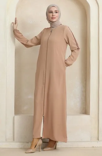Abaya Motif Pierre Latéral 0464-02 Beige Foncé 0464-02
