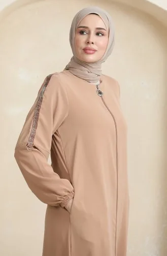 Abaya Motif Pierre Latéral 0464-02 Beige Foncé 0464-02