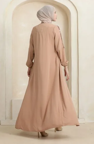 Abaya Motif Pierre Latéral 0464-02 Beige Foncé 0464-02