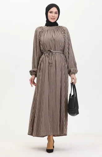 Robe A Rayure Ceinturée 0468-02 Vison 0468-02