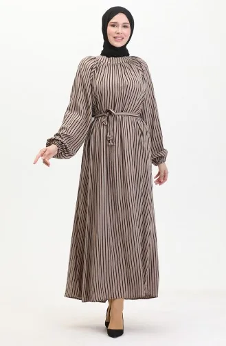 Robe A Rayure Ceinturée 0468-02 Vison 0468-02