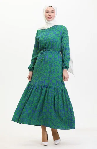 Desenli Kuşaklı Viskon Elbise 0469-01 Yeşil