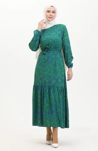 Desenli Kuşaklı Viskon Elbise 0469-01 Yeşil