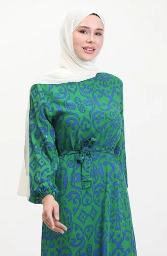 Desenli Kuşaklı Viskon Elbise 0469-01 Yeşil