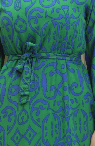 Desenli Kuşaklı Viskon Elbise 0469-01 Yeşil