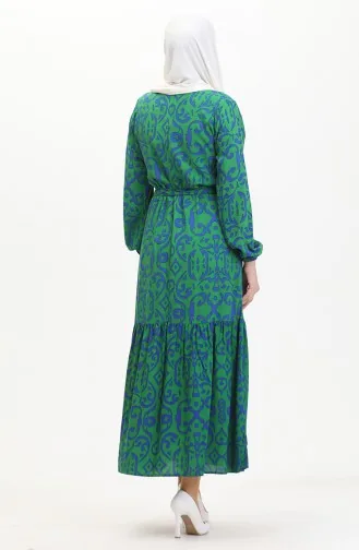 Desenli Kuşaklı Viskon Elbise 0469-01 Yeşil
