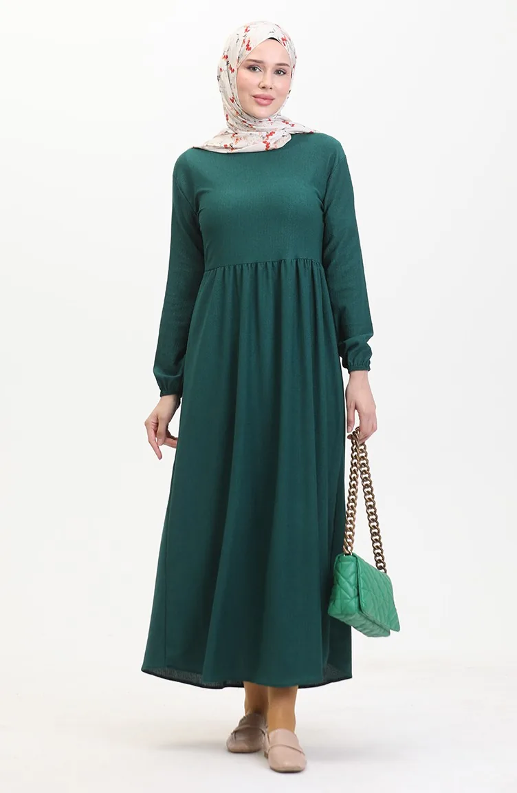 Bürümcük Robe Taille Froncée En Tissu 1016-03 Vert Emeraude 1016-03