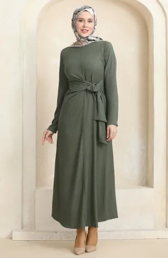 Bürümcük Jurk Van Stof Met Strikband Aan De Zijkant 1017-05 Kaki 1017-05