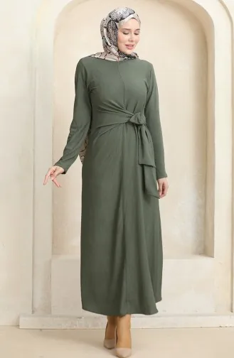 Bürümcük Jurk Van Stof Met Strikband Aan De Zijkant 1017-05 Kaki 1017-05