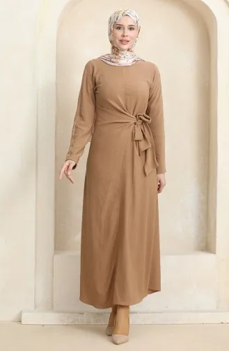 Bürümcük Jurk Van Stof Met Strikband Aan De Zijkant 1017-01 Melkbruin 1017-01