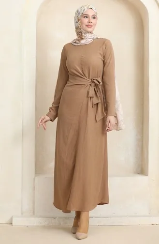 Bürümcük Jurk Van Stof Met Strikband Aan De Zijkant 1017-01 Melkbruin 1017-01