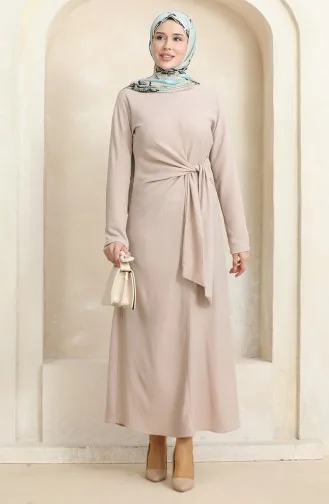 Kleid Aus Bürümcük-Stoff Mit Seitlichem Bindeband 1017-03 Nerz 1017-03