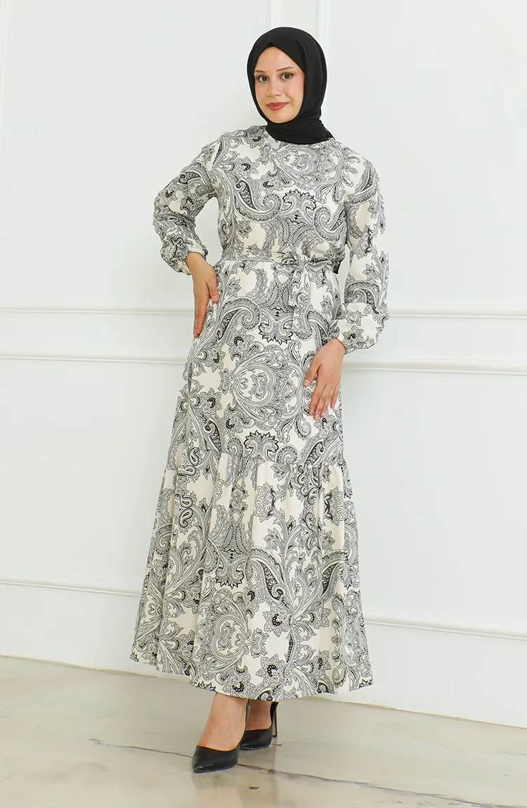Gemustertes Leinenkleid Mit Gürtel 0471C-03 Schwarz 0471C-03
