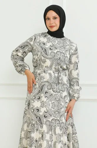 Gemustertes Leinenkleid Mit Gürtel 0471C-03 Schwarz 0471C-03