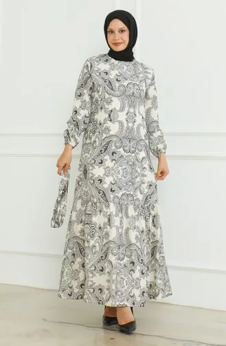 Gemustertes Leinenkleid Mit Gürtel 0471C-03 Schwarz 0471C-03