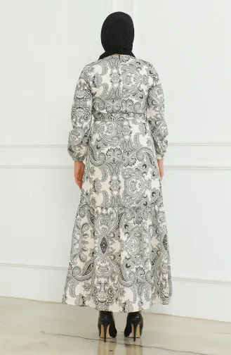 Gemustertes Leinenkleid Mit Gürtel 0471C-03 Schwarz 0471C-03