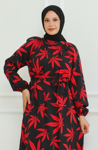 Robe à Motifs Et Ceinture 0477-03 Noir Rouge 0477-03