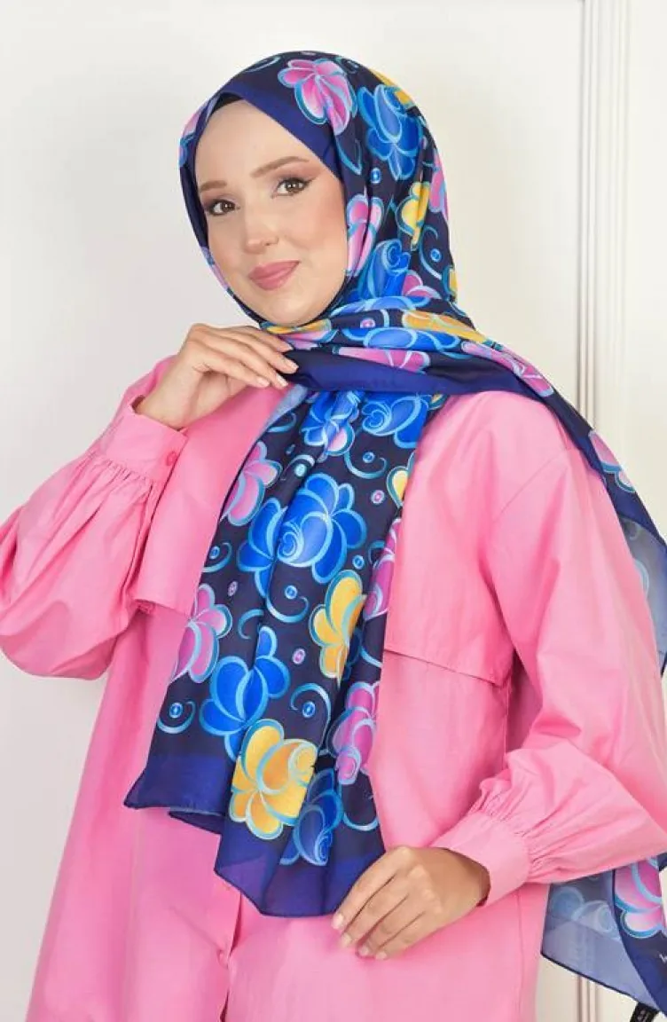 Rose Soft Cotton Patterned Shawl Navy Blue Rosesoft00 002 00_002