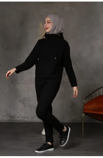 Hooded Double Yarn Tracksuit Set 151-02 Black 151-02