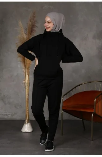 Hooded Double Yarn Tracksuit Set 151-02 Black 151-02