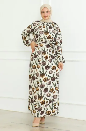 Desenli Kuşaklı Elbise 0467-04 Bej