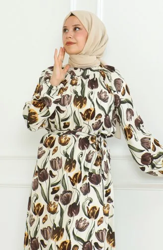 Desenli Kuşaklı Elbise 0467-04 Bej