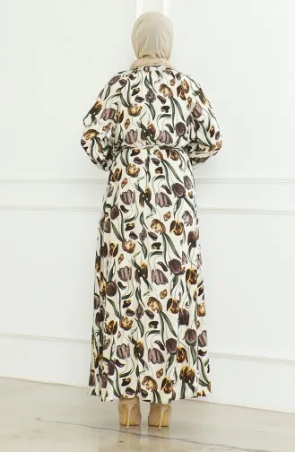 Desenli Kuşaklı Elbise 0467-04 Bej