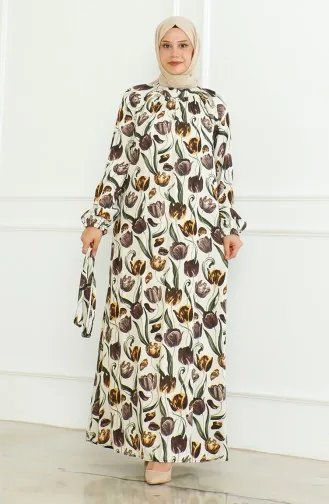 Desenli Kuşaklı Elbise 0467-04 Bej