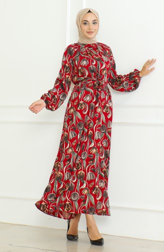 Desenli Kuşaklı Elbise 0467-01 Bordo