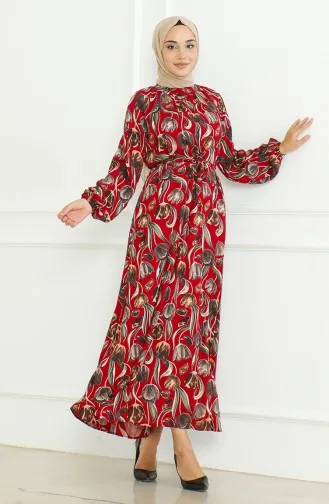 Jurk Met Riem En Patroon 0467-01 Bordeauxrood 0467-01