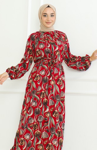 Desenli Kuşaklı Elbise 0467-01 Bordo