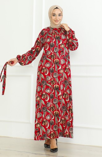Desenli Kuşaklı Elbise 0467-01 Bordo