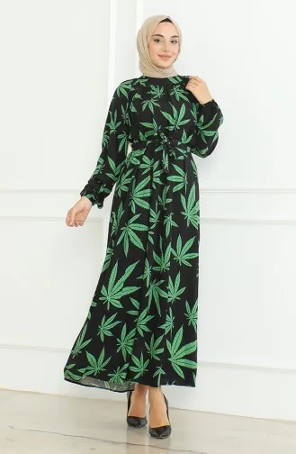 Jurk Met Riem En Patroon 0477-04 Zwart Groen 0477-04