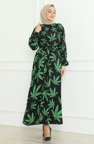 Jurk Met Riem En Patroon 0477-04 Zwart Groen 0477-04