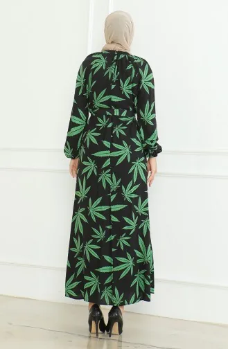 Jurk Met Riem En Patroon 0477-04 Zwart Groen 0477-04