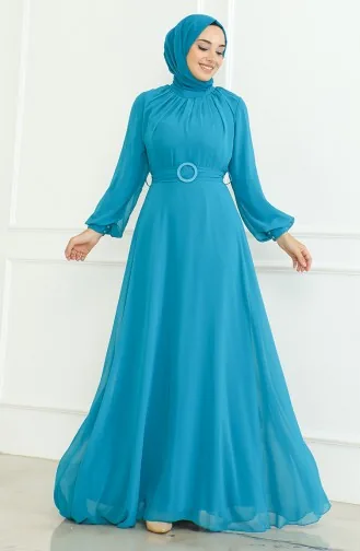 فستان سهرة شيفون بحزام 5704-01  تركوازي 5704-01