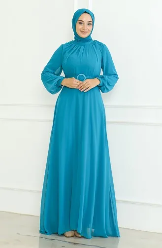 فستان سهرة شيفون بحزام 5704-01  تركوازي 5704-01