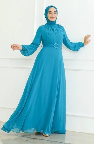 فستان سهرة شيفون بحزام 5704-01  تركوازي 5704-01