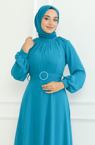 Kemerli Şifon Abiye Elbise 5704-01 Turkuaz