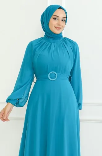 فستان سهرة شيفون بحزام 5704-01  تركوازي 5704-01