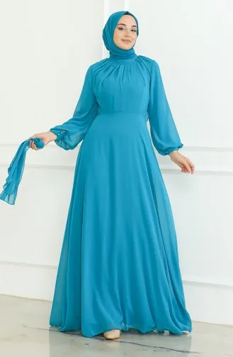 فستان سهرة شيفون بحزام 5704-01  تركوازي 5704-01