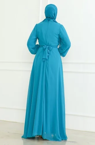 فستان سهرة شيفون بحزام 5704-01  تركوازي 5704-01