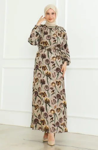 Robe à Motifs Et Ceinture 0467-03 Vison 0467-03