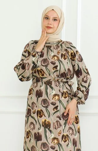 Robe à Motifs Et Ceinture 0467-03 Vison 0467-03