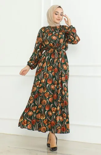Desenli Kuşaklı Elbise 0467-02 Zümrüt Yeşili