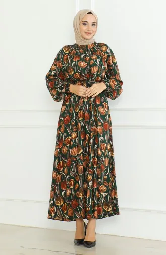 Desenli Kuşaklı Elbise 0467-02 Zümrüt Yeşili