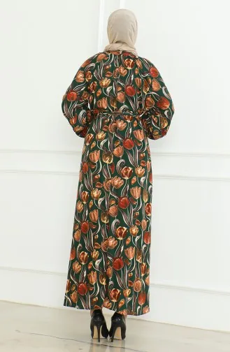 Desenli Kuşaklı Elbise 0467-02 Zümrüt Yeşili