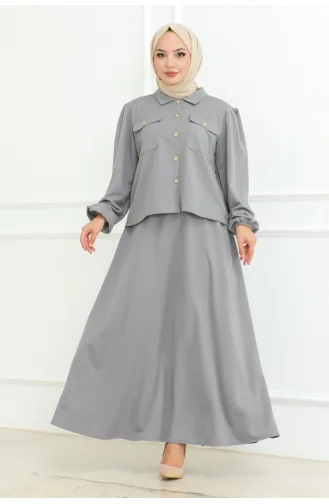 بدلة حجاب بتفاصيل تنورة 2091-07 لون رمادي 2091-07
