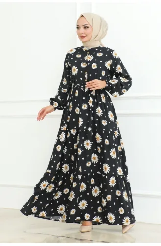 Hijab-Kleid Mit Gänseblümchenmuster 7118-01 Schwarz 7118-01